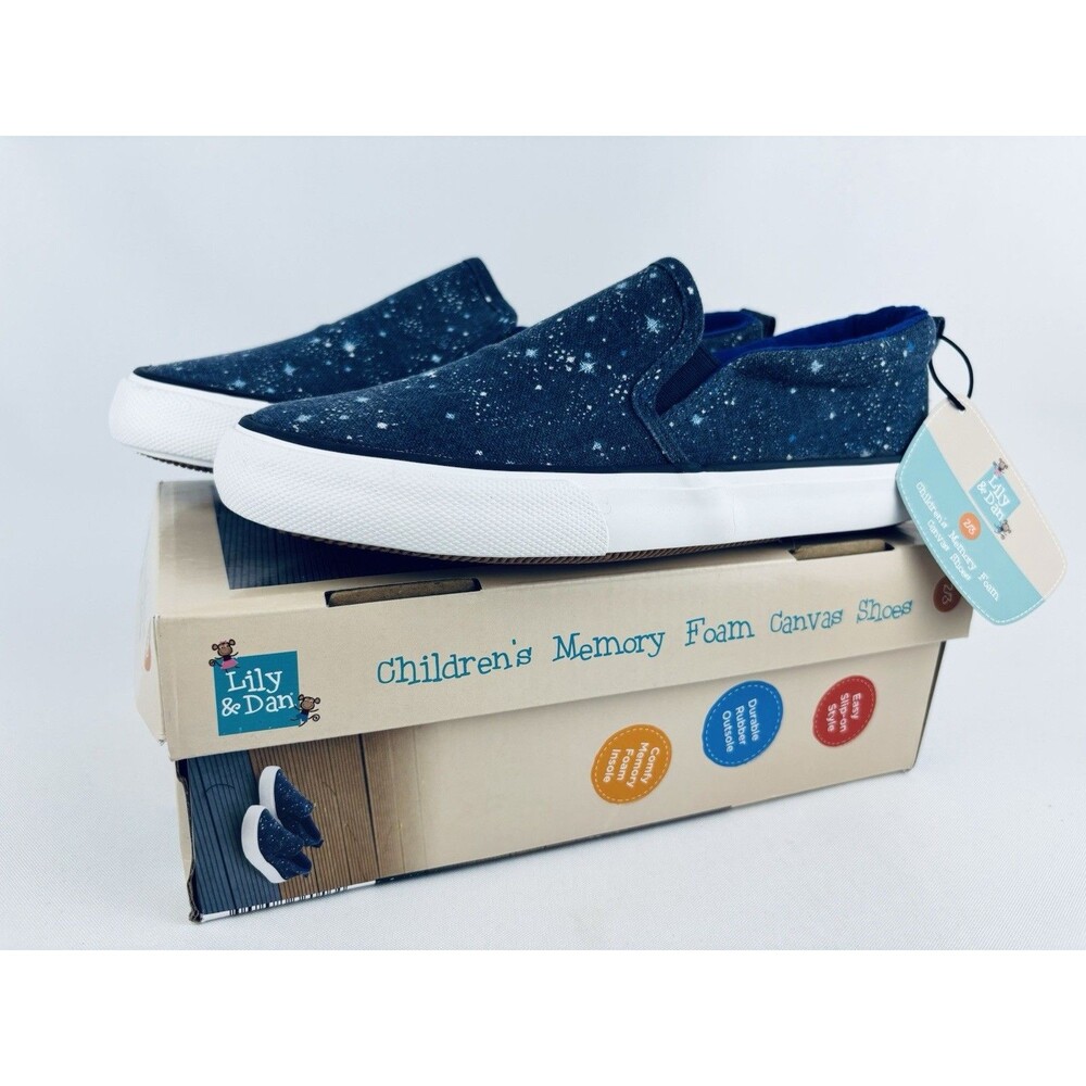 Lily & Dan Galaxy Stars‎ Memory Foam Canvas Slip On 2/3 Kids Sneakers Shoes NWT